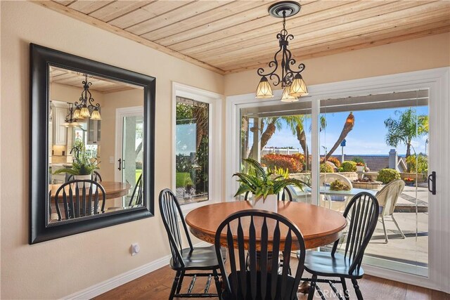 dining room with wood ceiling, baseboards, a notable chandelier, and dark wood-style flooring