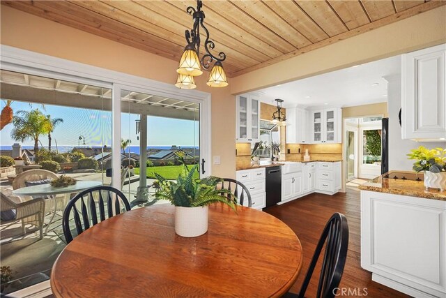 dining area featuring wood ceiling and dark wood-style flooring