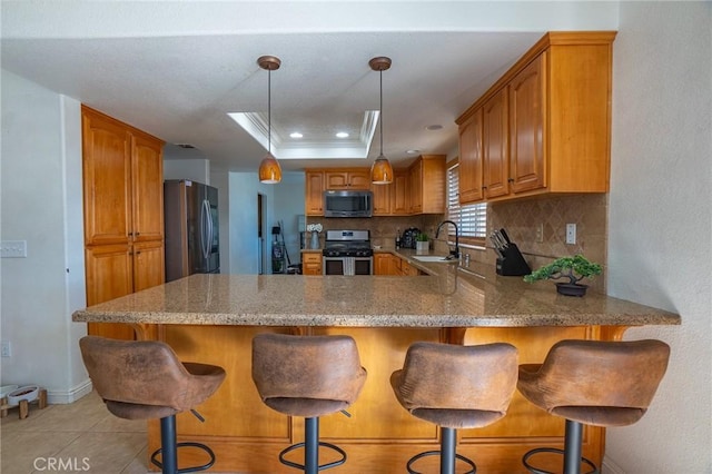 kitchen featuring appliances with stainless steel finishes, a sink, a peninsula, a raised ceiling, and decorative backsplash