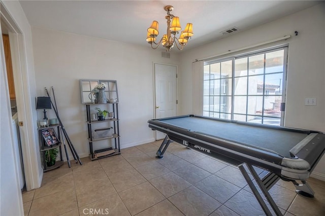 recreation room with visible vents, baseboards, light tile patterned floors, an inviting chandelier, and billiards