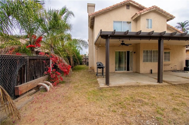 1284 William Mcgrath St, Colton, CA 92324 - back of property featuring a ceiling fan, a chimney, stucco siding, a patio, and a tile roof