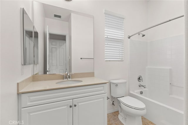 full bathroom with vanity, visible vents, toilet, shower / bath combination, and baseboards