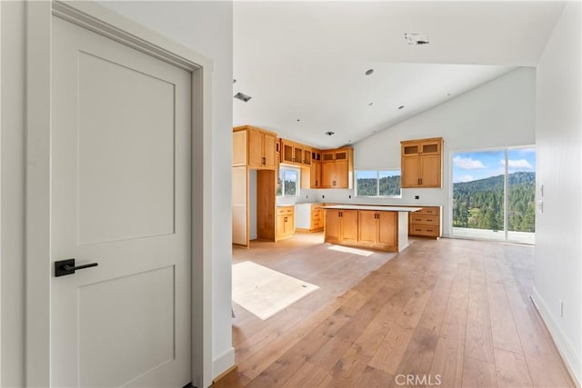 kitchen featuring high vaulted ceiling, light wood-type flooring, a center island, light countertops, and baseboards
