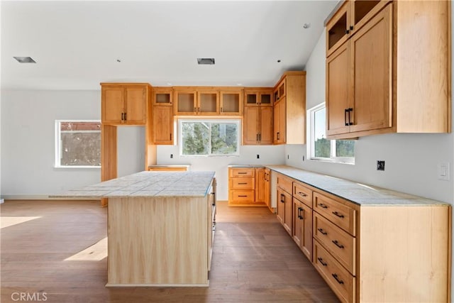 kitchen with glass insert cabinets, a center island, light countertops, and wood finished floors