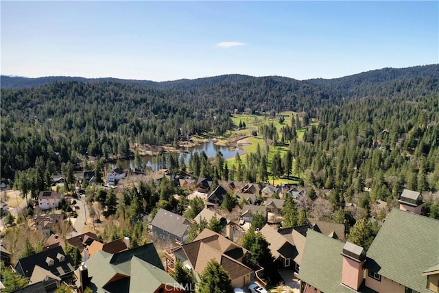drone / aerial view featuring a view of trees, a water and mountain view, and a residential view