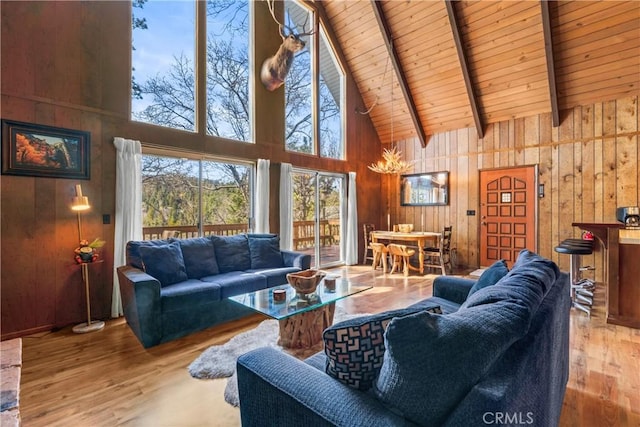 26375 Augusta Dr, Lake Arrowhead, CA 92352 - living room with beamed ceiling, high vaulted ceiling, wood ceiling, wood finished floors, and wooden walls