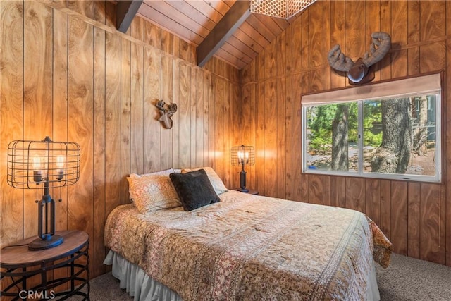 26375 Augusta Dr, Lake Arrowhead, CA 92352 - carpeted bedroom featuring wood walls, wooden ceiling, and lofted ceiling
