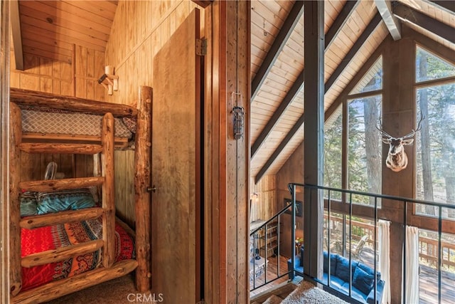 26375 Augusta Dr, Lake Arrowhead, CA 92352 - interior space with wooden ceiling and lofted ceiling with beams