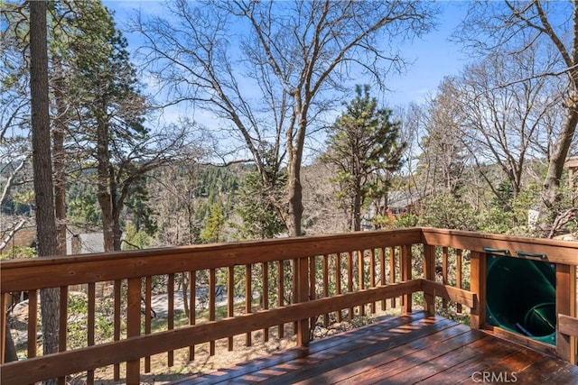 26375 Augusta Dr, Lake Arrowhead, CA 92352 - wooden deck featuring a view of trees