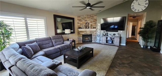living room with a fireplace, visible vents, vaulted ceiling, and a ceiling fan