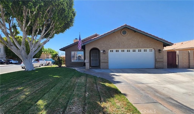 ranch-style home with stucco siding, a chimney, driveway, a front yard, and a garage