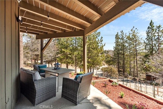 27482 Matterhorn Dr, Lake Arrowhead, CA 92352 - view of patio / terrace featuring view of scattered trees and outdoor lounge area
