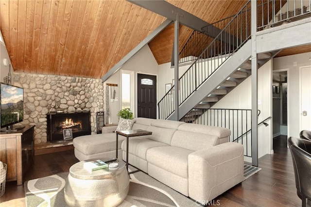 27482 Matterhorn Dr, Lake Arrowhead, CA 92352 - living area with wood ceiling, wood finished floors, high vaulted ceiling, a fireplace, and stairs