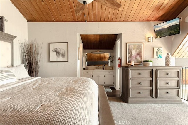 27482 Matterhorn Dr, Lake Arrowhead, CA 92352 - bedroom featuring wood ceiling, carpet, and ensuite bath