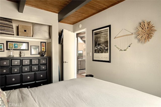 27482 Matterhorn Dr, Lake Arrowhead, CA 92352 - bedroom featuring a wood ceiling with exposed beams and radiator heating unit