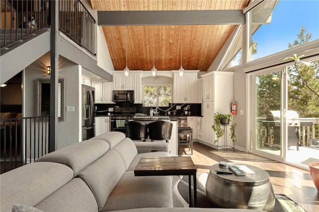 27482 Matterhorn Dr, Lake Arrowhead, CA 92352 - living room with high vaulted ceiling, wooden ceiling, and wood finished floors