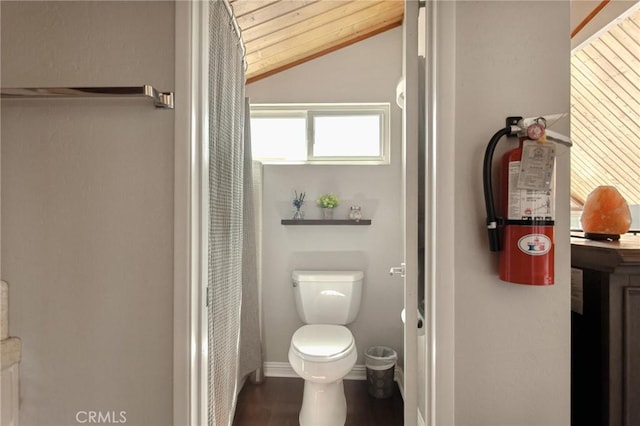27482 Matterhorn Dr, Lake Arrowhead, CA 92352 - bathroom featuring vaulted ceiling, wood finished floors, and wooden ceiling