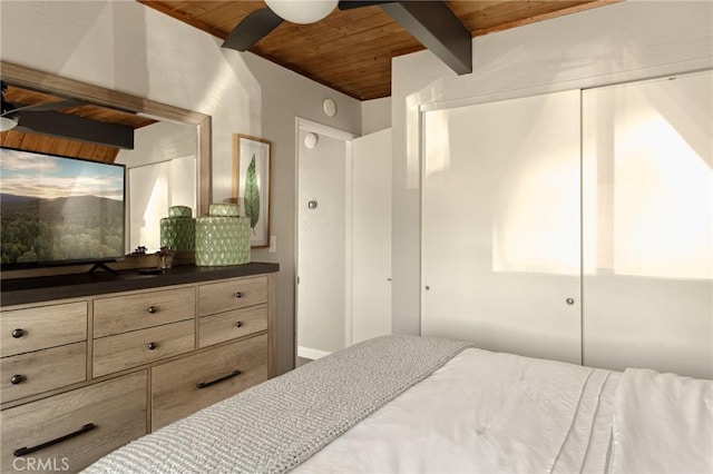 27482 Matterhorn Dr, Lake Arrowhead, CA 92352 - bedroom featuring a wood ceiling with exposed beams and a closet