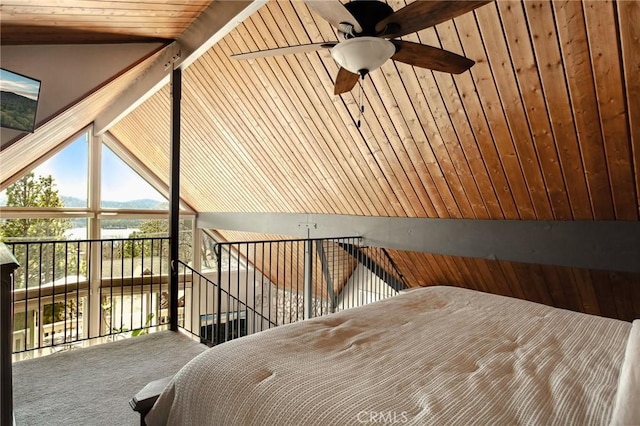 27482 Matterhorn Dr, Lake Arrowhead, CA 92352 - bedroom featuring lofted ceiling, wooden ceiling, and carpet