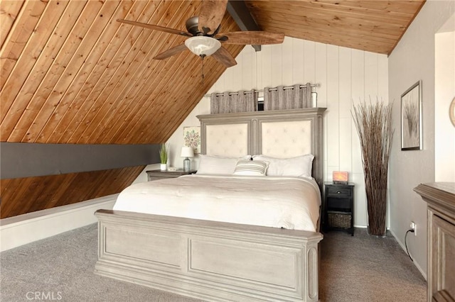27482 Matterhorn Dr, Lake Arrowhead, CA 92352 - bedroom featuring vaulted ceiling, wooden ceiling, carpet, wood walls, and ceiling fan