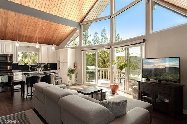 27482 Matterhorn Dr, Lake Arrowhead, CA 92352 - living room with high vaulted ceiling, dark wood-style floors, and wood ceiling