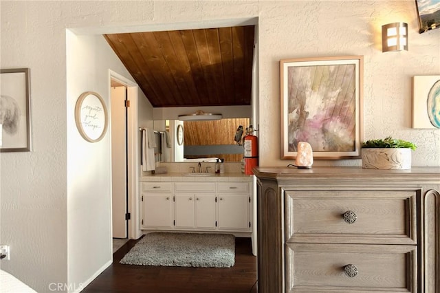 27482 Matterhorn Dr, Lake Arrowhead, CA 92352 - bathroom featuring vanity, wood finished floors, lofted ceiling, and wooden ceiling