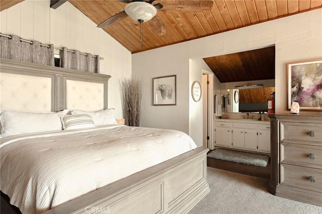 27482 Matterhorn Dr, Lake Arrowhead, CA 92352 - carpeted bedroom featuring wooden ceiling and connected bathroom