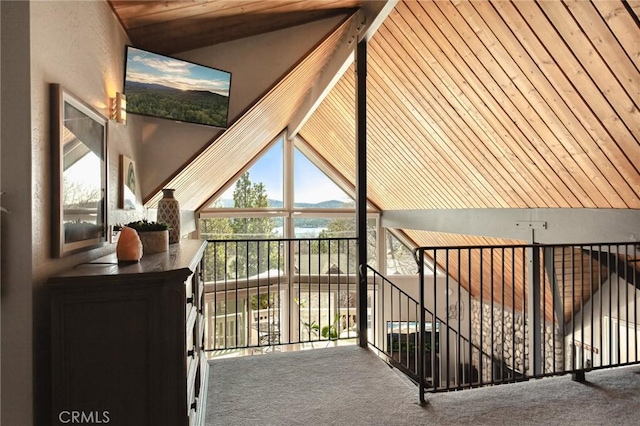 27482 Matterhorn Dr, Lake Arrowhead, CA 92352 - bonus room featuring carpet, lofted ceiling, and wood ceiling