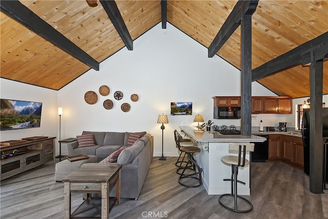 41935 Switzerland Dr Unit 100, Big Bear Lake, CA 92315 - living room featuring wood ceiling, beam ceiling, and wood finished floors