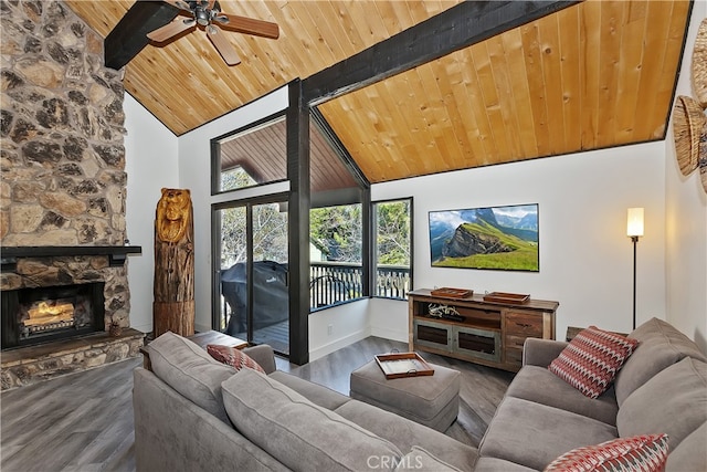 41935 Switzerland Dr Unit 100, Big Bear Lake, CA 92315 - living area with high vaulted ceiling, a ceiling fan, wooden ceiling, wood finished floors, and beam ceiling