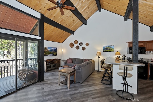 41935 Switzerland Dr Unit 100, Big Bear Lake, CA 92315 - living area with high vaulted ceiling, a ceiling fan, wood ceiling, dark wood-style floors, and beam ceiling