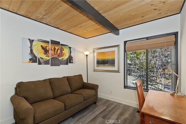41935 Switzerland Dr Unit 100, Big Bear Lake, CA 92315 - living area with baseboards, dark wood-type flooring, wood ceiling, and beamed ceiling