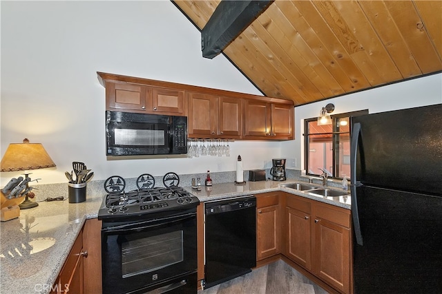 41935 Switzerland Dr Unit 100, Big Bear Lake, CA 92315 - kitchen featuring lofted ceiling with beams, black appliances, wooden ceiling, a sink, and brown cabinets