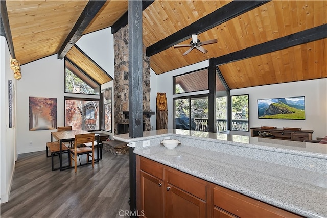 41935 Switzerland Dr Unit 100, Big Bear Lake, CA 92315 - kitchen featuring ceiling fan, dark wood finished floors, light stone countertops, wood ceiling, and beam ceiling