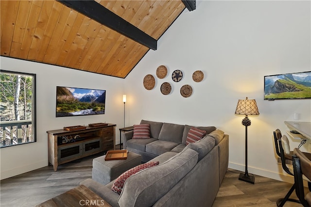 41935 Switzerland Dr Unit 100, Big Bear Lake, CA 92315 - living area with beamed ceiling, baseboards, wood finished floors, and wood ceiling