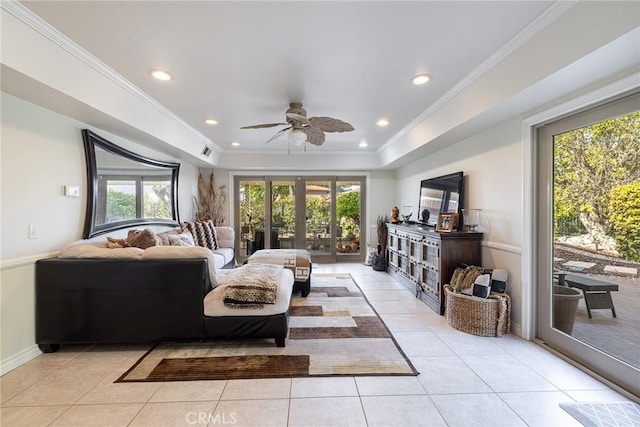 4054 Corte Cima, Thousand Oaks, CA 91360 - living area with light tile patterned floors, ceiling fan, ornamental molding, recessed lighting, and french doors