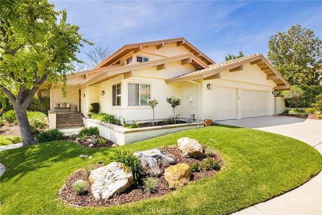4054 Corte Cima, Thousand Oaks, CA 91360 - view of front facade featuring stucco siding, a garage, concrete driveway, and a front lawn