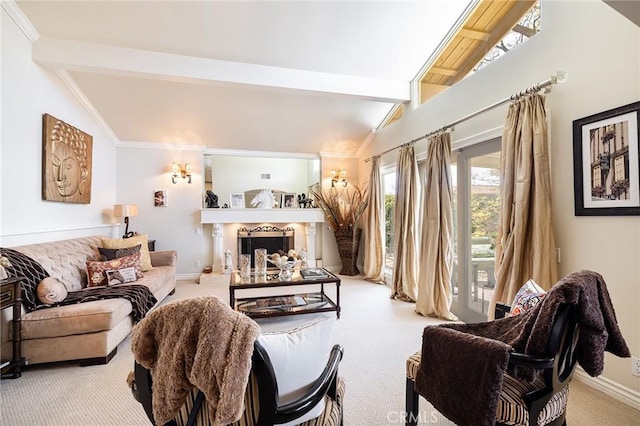 4054 Corte Cima, Thousand Oaks, CA 91360 - carpeted living area featuring beam ceiling, a fireplace with raised hearth, crown molding, baseboards, and high vaulted ceiling
