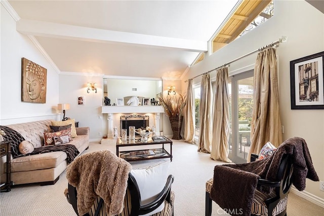 4054 Corte Cima, Thousand Oaks, CA 91360 - carpeted living room featuring beam ceiling, a fireplace with raised hearth, crown molding, baseboards, and high vaulted ceiling