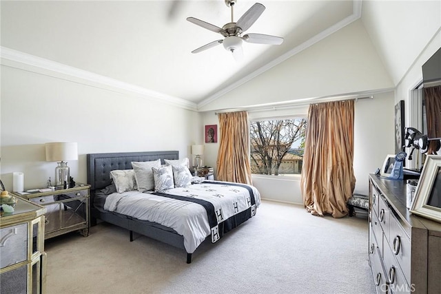 4054 Corte Cima, Thousand Oaks, CA 91360 - bedroom featuring light colored carpet, high vaulted ceiling, a ceiling fan, and crown molding