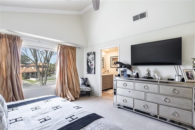 4054 Corte Cima, Thousand Oaks, CA 91360 - bedroom with light colored carpet, ornamental molding, high vaulted ceiling, ensuite bath, and ceiling fan