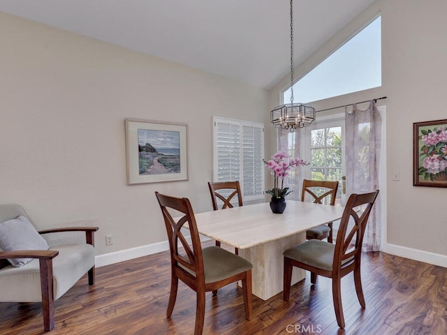 27275 Comba, Mission Viejo, CA 92692 - dining space with a chandelier, baseboards, dark wood-style floors, and high vaulted ceiling