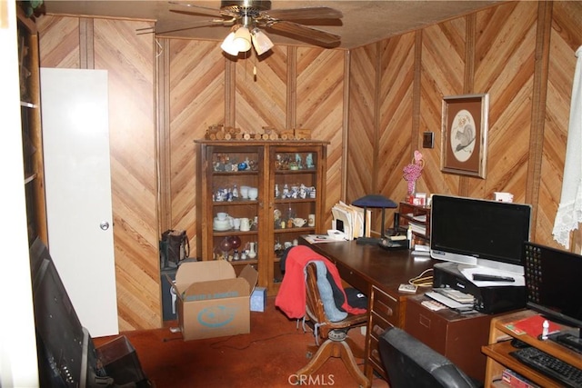 6320 Amberwood Dr, Rancho Cucamonga, CA 91701 - office featuring ceiling fan, wooden walls, and carpet