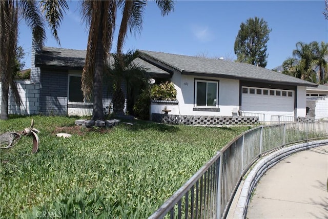 6320 Amberwood Dr, Rancho Cucamonga, CA 91701 - ranch-style house featuring a garage, stucco siding, a front yard, fence, and concrete driveway