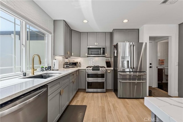 kitchen with light wood-style flooring, tasteful backsplash, gray cabinets, appliances with stainless steel finishes, and a sink