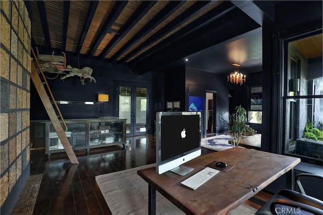 801 E Edgeware Rd, Los Angeles, CA 90026 - home office featuring beam ceiling, hardwood / wood-style floors, and a chandelier