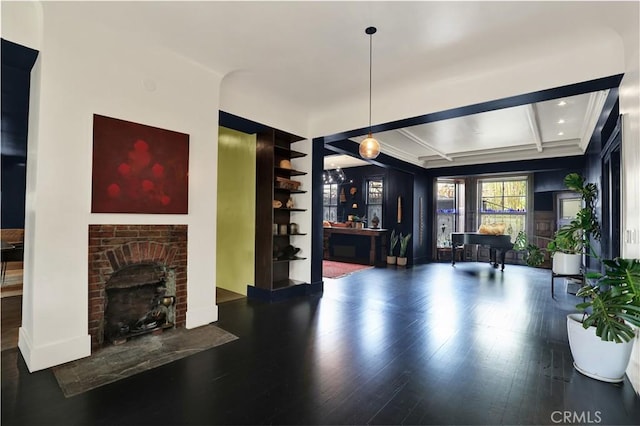 801 E Edgeware Rd, Los Angeles, CA 90026 - living room featuring wood finished floors, a fireplace, beamed ceiling, a dry bar, and coffered ceiling