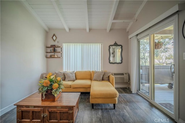 1345 Cabrillo Park Dr Unit J02, Santa Ana, CA 92701 - living area with dark wood-style flooring and beamed ceiling