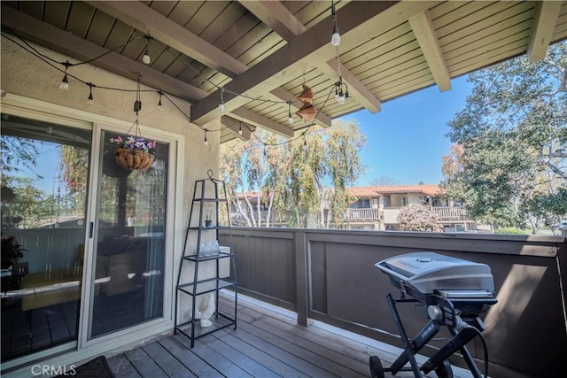 1345 Cabrillo Park Dr Unit J02, Santa Ana, CA 92701 - deck featuring a ceiling fan and grilling area
