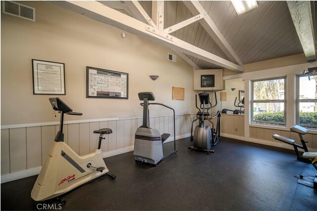 1345 Cabrillo Park Dr Unit J02, Santa Ana, CA 92701 - exercise room featuring vaulted ceiling, wainscoting, and wood ceiling
